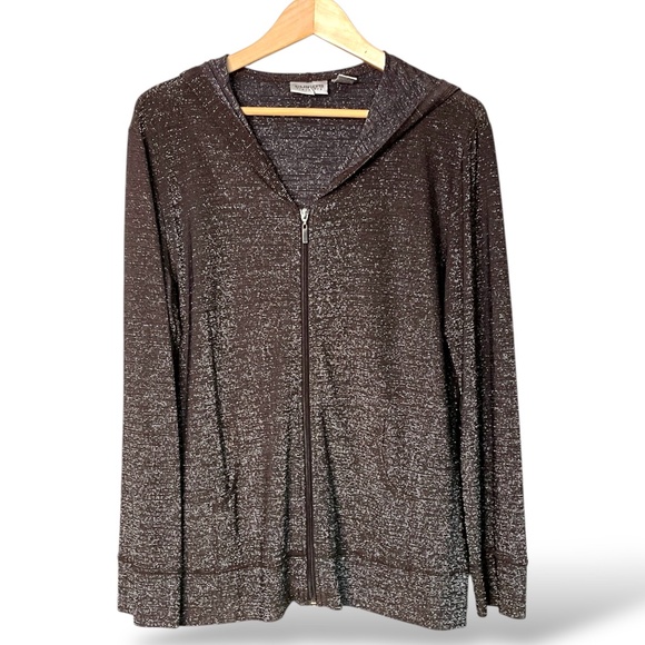 CHICO’S Travellers Brown Metallic Lurex Thread Full Zip Hoodie Long Sleeve Sz L - Picture 2 of 9